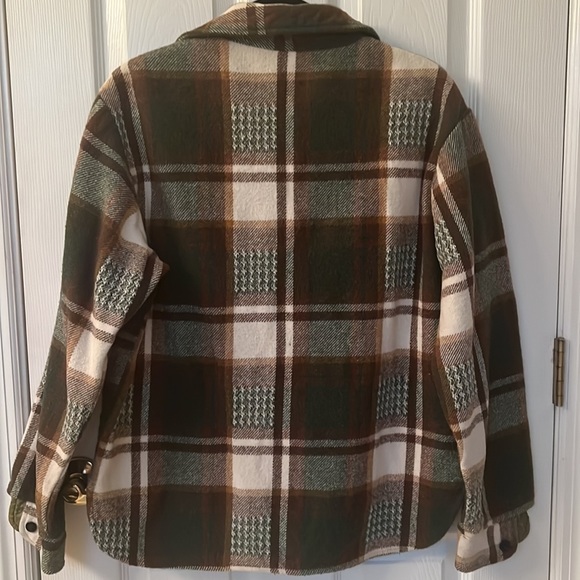 Green Brown White Plaid Heavy Flannel Button Up Fall Winter Shirt Blouse Top - Picture 11 of 12